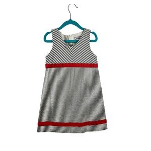 Hartstrings Seersucker Dress 5 Blue White Striped Red Bow Sleeveless Kids